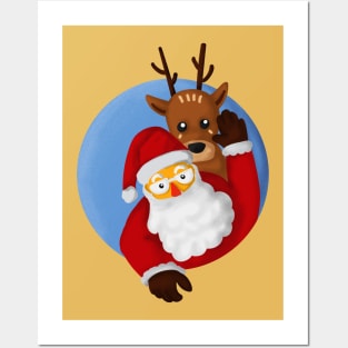 santa and deer Posters and Art